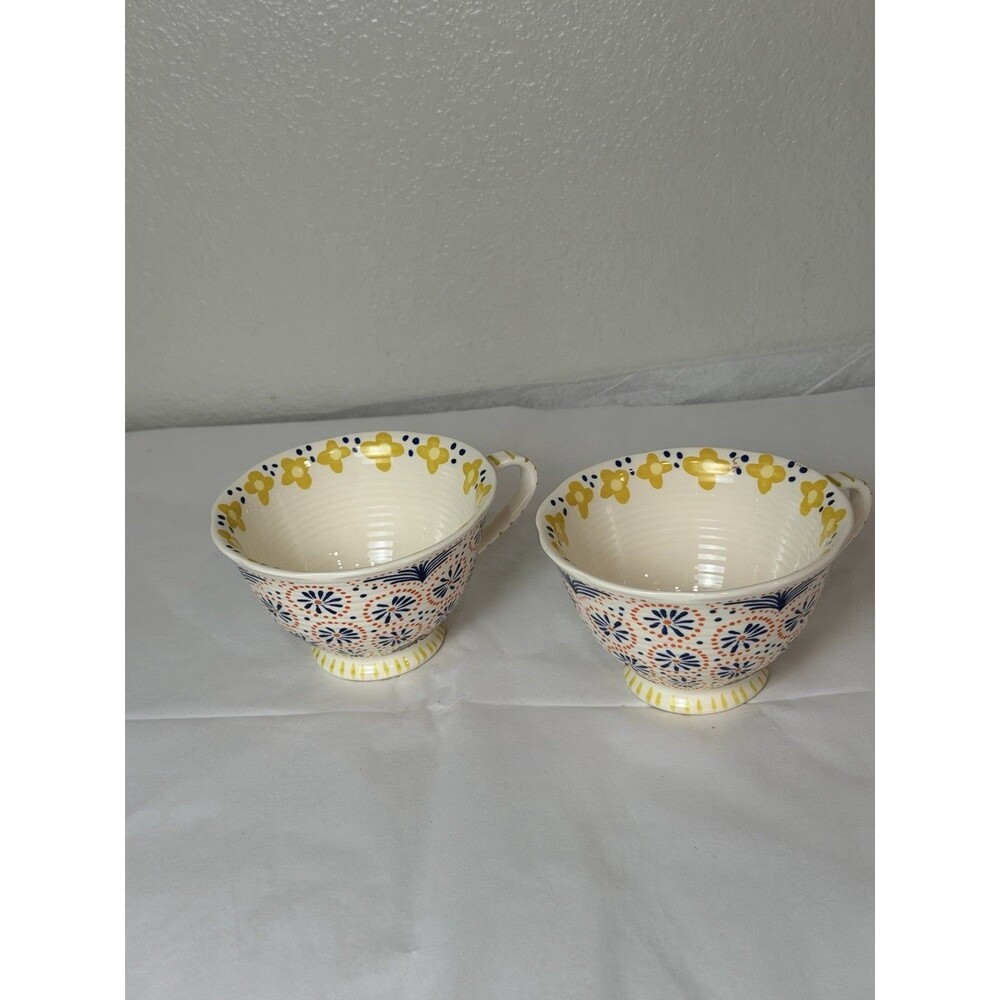 Set of 2 Anthropologie Lou Rota Year Round Footed Mugs Floral Large Teacups